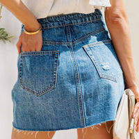 Button-Fly Distressed Raw Hem Denim Skirt