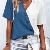 Decorative Button Surplice Short Sleeve Blouse