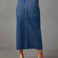 Slit Raw Hem Midi Denim Skirt