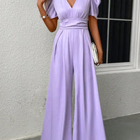 V-Neck Short Sleeve Wide Leg Jumpsuit