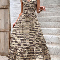 Printed V-Neck Tie Waist Midi Dress