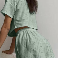 Eyelet Round Neck Top and Shorts Set