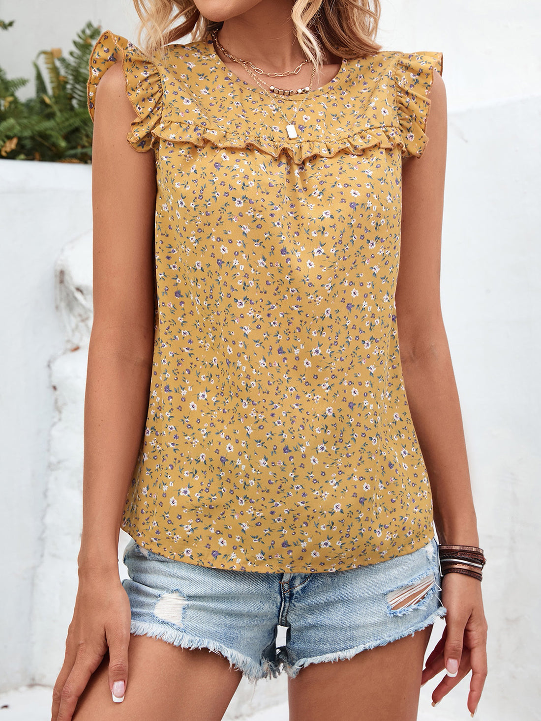 Ruffled Printed Round Neck Cap Sleeve Blouse