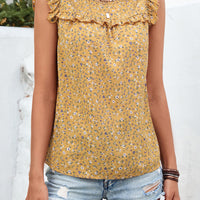 Ruffled Printed Round Neck Cap Sleeve Blouse