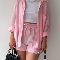 Texture Button Up Shirt and Drawstring Shorts Set