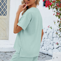 Notched Button Detail Dropped Shoulder Top and Shorts Set