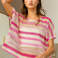 BiBi Striped Openwork Short Sleeve Knit Cover Up