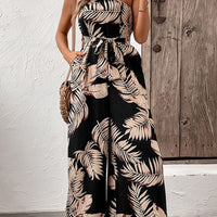 Printed Strapless Wide Leg Jumpsuit with Pockets