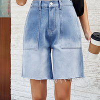 Buttoned Raw Hem Denim Shorts with Pockets