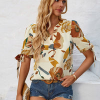 Tied Printed Notched Short Sleeve Blouse