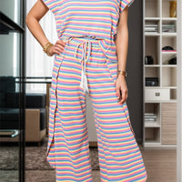 Striped Round Neck Top and Drawstring Pants Set