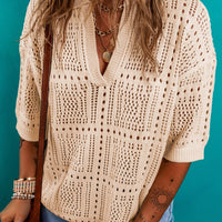 Openwork Johnny Collar Half Sleeve Knit Top