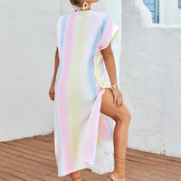 Slit Striped Notched Short Sleeve Cover Up