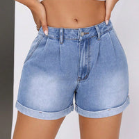 Rolled Hem Mid-Rise Waist Denim Shorts