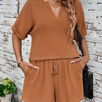 Notched Half Sleeve Top and Shorts Set