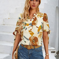 Tied Printed Notched Short Sleeve Blouse