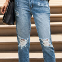 Distressed Raw Hem Jeans with Pockets