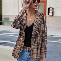 Full Size Plaid Lapel Collar Blazer