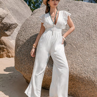 Lace Detail Plunge Cap Sleeve Jumpsuit