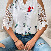 Full Size Lace Printed Half Sleeve Blouse