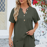 Notched Button Detail Dropped Shoulder Top and Shorts Set