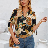 Tied Printed Notched Short Sleeve Blouse