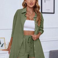 Dropped Shoulder Button Up Shirt and Shorts Set