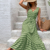 Printed V-Neck Tie Waist Midi Dress