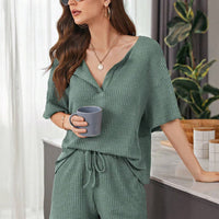 Full Size Waffle-Knit Dropped Shoulder Top and Shorts Set