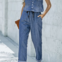 Buttoned Scoop Neck Denim Jumpsuit