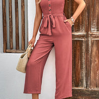 Decorative Button Strapless Smocked Jumpsuit with Pockets