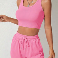 Scoop Neck Wide Strap Top and Drawstring Shorts Set