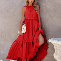 Ruffled Sleeveless Tiered Maxi Dress with Pockets