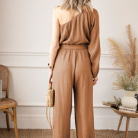 Texture Single Shoulder Tie-Waist Jumpsuit