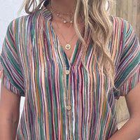 Striped Notched Short Sleeve Blouse