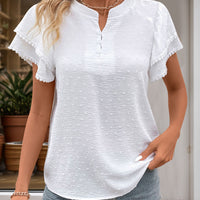 Swiss Dot Notched Short Sleeve Blouse