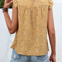 Ruffled Printed Round Neck Cap Sleeve Blouse