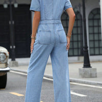 Short Sleeve Wide Leg Denim Jumpsuit