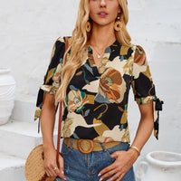 Tied Printed Notched Short Sleeve Blouse