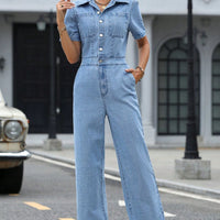 Short Sleeve Wide Leg Denim Jumpsuit