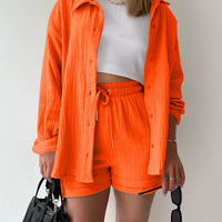 Texture Button Up Shirt and Drawstring Shorts Set