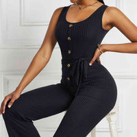 Button Detail Tie Waist Jumpsuit with Pockets