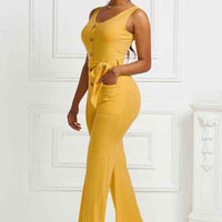 Button Detail Tie Waist Jumpsuit with Pockets