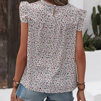 Ruffled Printed Round Neck Cap Sleeve Blouse