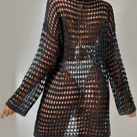 Openwork Boat Neck Long Sleeve Cover-Up