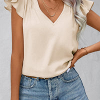 Ruffled V-Neck Cap Sleeve Blouse