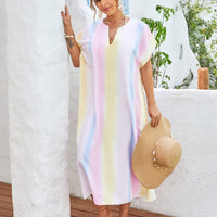 Slit Striped Notched Short Sleeve Cover Up