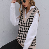 Perfee Houndstooth V-Neck Knit Vest