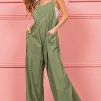 BiBi Ruched Wide Leg Overalls with Pockets