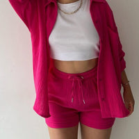 Texture Button Up Shirt and Drawstring Shorts Set